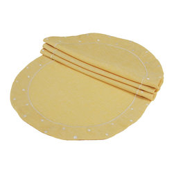 Xia Home Fashions - Polka Dot Embroidered Easy Care Placemats, 16" Round, Yellow, Set of 4 - Placemats