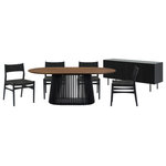 Armen Living - Pasadena Erie 6-Piece Oval Dining Set, With Buffet & Paper Cord Chairs Black - Transform your indoor dining space with the Pasadena Erie 6 Piece Oval Dining Set from Armen Living. This contemporary dining set features: 1 oval Pasadena table with a solid wood base and concrete bottom for added stability, 1 Pasadena 4 Door Wood Buffet Cabinet with Black Oak Finish, and 4 Erie chairs constructed with solid wood frames and woven paper cord. The Danish and mid-century modern influences shine through in the sleek design that combines functionality with artistic flair. As versatile furniture pieces, these dining chairs transcend their traditional role, doubling as smart accent chairs or chic additions to your vanity. The ergonomic design ensures comfort during meals, providing both flexible support and style, while the open back and paper cord create a chair with unparalleled breathability. With a generous tabletop length of 79 inches, this dining room table provides ample space for family dinners or entertaining guests. Crafted with meticulous attention to detail, the oval shape of the table adds a touch of modern elegance to any space. This cohesion serves to enhance the clean, simple aesthetic of this set, which is sure to create a focal point in any room. Perfect for intimate dinners or casual family meals, this 6-piece set is designed for those who appreciate a blend of form and function. Perfectly suited for the dining room, the buffet is a seamless blend of form and utility. The four-door design opens to reveal two levels of shelves. Two matching wooden shelves are included, offering an elegant display area for showcasing your cherished dinnerware or decorative items. The shelves are adjustable to 3 available heights. The Pasadena Buffet transcends its traditional role in the dining room, seamlessly fitting into various spaces in your home. Use it as a stylish sideboard, an entry cabinet that welcomes guests with its polished charm, or a versatile storage cabinet in the kitchen. Elevate your dining experience with the Pasadena Erie dining table set. This dining set is available in multiple color variations including: a black oak finish with black chairs and buffet or a walnut tabletop with complementary black finish on the base, chairs, and buffet.