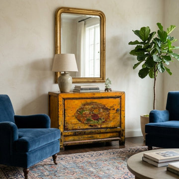 Distressed Yellowish Floral Graphic Mid Size Credenza Sideboard Cabinet GB682