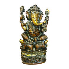 Mogul Interior - Ganesha Statue God Ganesh Idol Brass Statue Yoga Hindu Sculpture 9" - Decorative Objects and Figurines