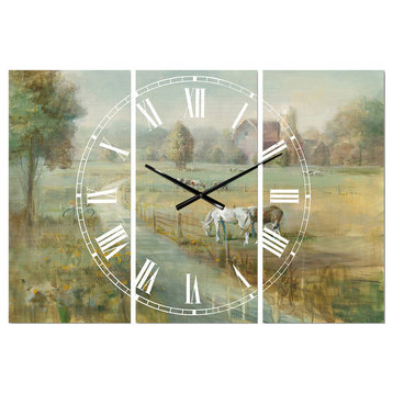 Tranquil Country Field Farmhouse 3 Panels Metal Clock