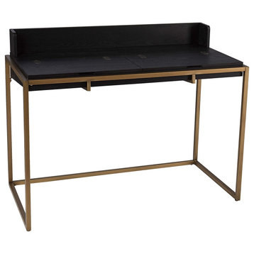 Unique Desk, Gold Finish Metal Frame and 2 Flip Top Storage Compartments, Black