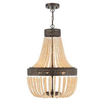5 Light Unique Empire or Tiered Chandelier, Beaded Accents, Black/Gold, 22.4"H