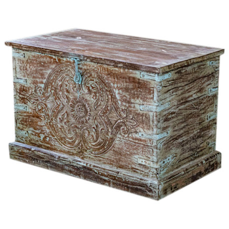 Consigned Antique Coffee Trunk Table Tuquoise Storage Chest Accent Trunk