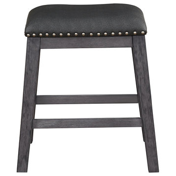 Wood and Leather CoUnter Height Stool With Nail head Trim, Set of 2, Black/Gray
