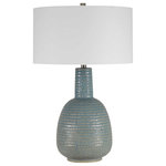 Uttermost - Delta One Light Table Lamp, Brushed Nickel - Simple Yet Sophisticated This Ceramic Table Lamp Is Finished In A Distressed Light Aqua Glaze With Intricate Hand Carved Texture Accented By Brushed Nickel Details. A White Fabric Drum Shade Completes The Look.