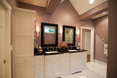 Mid-sized elegant master marble floor bathroom photo in Other with shaker cabinets, white cabinets, purple walls and an undermount sink