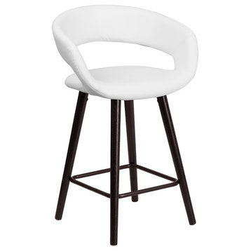24'' High Modern Cappuccino Wood Counter Height Stool in White Vinyl