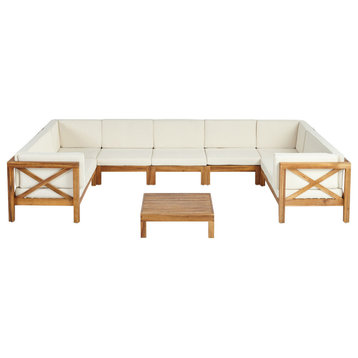 Isabella Outdoor 9 Seater Acacia Wood Sectional Sofa Set, Beige