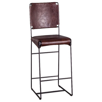 World Interiors Melbourne Leather Industrial Modern Bar Chair in Brown