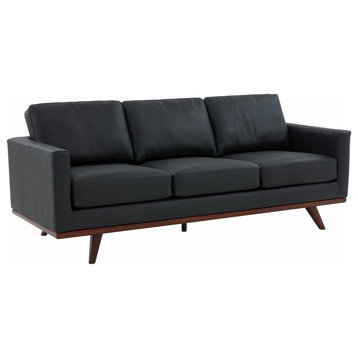 LeisureMod Chester Mid-Century 3-Seater Leather Modern Sofa, Black
