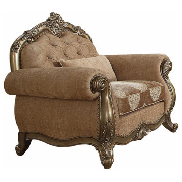 35" Brown and Champagne Linen Damask Tufted Arm Chair and Toss Pillow, Fabric
