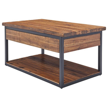 Rustic Coffee Table, Metal Base With Storage Drawers & Lower Shelf, Brown/Black