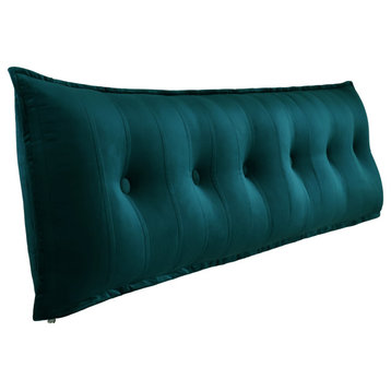 Button Tufted Bed Rest Body Positioning Pillow Headboard Cushion Velvet Cyan, 71x20x3 Inches