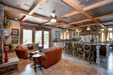 Example of a large mountain style l-shaped ceramic tile open concept kitchen design in Denver with an undermount sink, recessed-panel cabinets, white cabinets, granite countertops, multicolored backsplash, ceramic backsplash, paneled appliances and an island