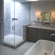 grey cabinets & grey bathroom
