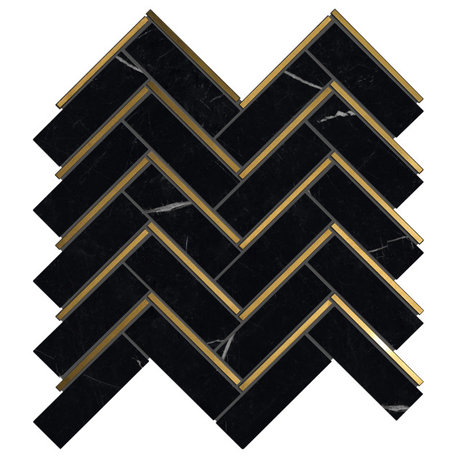 Tnngg-04 Herringbone Black And Gold Polished Marble Mosaic Tile, 10 Sheets