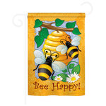 Breeze Decor - Bee Happy 2-Sided Impression Garden Flag - Size: 13 Inches By 18.5 Inches - With A 3" Pole Sleeve. All Weather Resistant Pro Guard Polyester Soft to the Touch Material. Designed to Hang Vertically. Double Sided - Reads Correctly on Both Sides. Original Artwork Licensed by Breeze Decor. Eco Friendly Procedures. Proudly Produced in the United States of America. Pole Not Included.