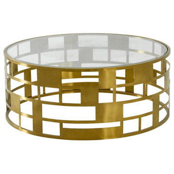 Modrest Kudo Round Glass & Stainless Steel Coffee Table in Gold/Clear
