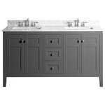 Ancerre Designs - Maili Vanity Set, Sapphire Gray, 60", Brushed Nickel Hardware, Without Mirror - A transitional look with traditional roots. The Maili collection pay homage to American craftsman style. From selecting quality wood and using the most durable soft-close hardware, no details were overlooked in crafting the Maili 60 in. vanity set.  The vanity set includes a furniture style cabinet, imported Italian Cararra white marble top with a 4 in. Backsplash, wide rectangular under mount basin, solid wood dovetailed drawer boxes, soft-close doors & drawers and brushed nickel hardware. Complete the look with our mirrors which are sold separately (M-24-SG).