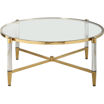 Round Tempered Glass Cocktail Table - Clear, Brass