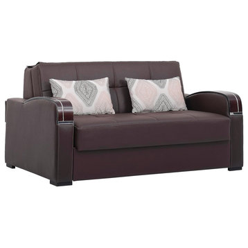 Modern Sleeper Loveseat, Curved Wooden Arms & Stitched Faux Leather Seat, Brown