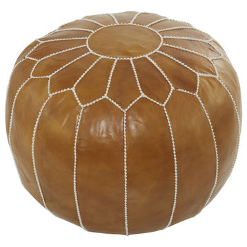 Farmhouse Pouf, Genuine Leather Upholstery & White Floral Stitching, Light Brown