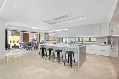 Inspiration for a modern galley kitchen in Sydney with with island.