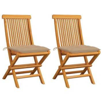 vidaXL Patio Chairs 2 Pcs Folding Chair with Beige Cushions Solid Wood Teak