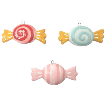 Set of 3 Striped Ceramic Candy Ornaments Bonbon Old Fashioned Vintage Style, Red Swirl/Blue/Pink