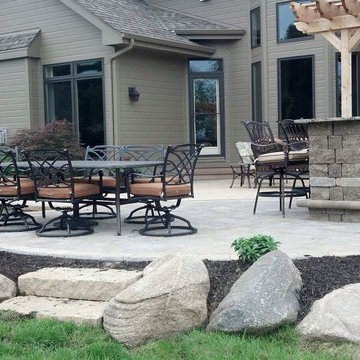 Paver Patio, Grill Enclosure, Outdoor Living Space, Rock Bubbler and Fire Pit