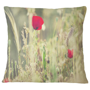 Meadow With Wild Poppy Flowers Flower Throw Pillow, 16"x16"