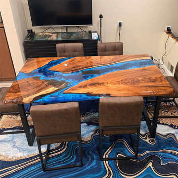 Luxury Walnut Blue Wave Epoxy Dining Table for Modern Interiors