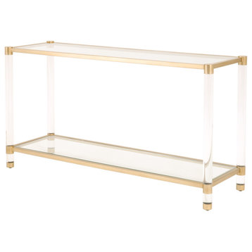 Nouveau Console Table W/Shelves Brushed Brass, Lucite, Clear Glass