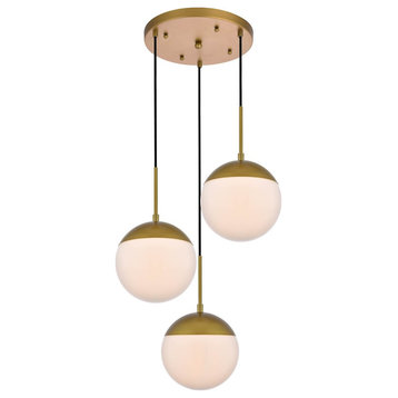 Midcentury Modern Brass And Frosted White 3-Light Pendant