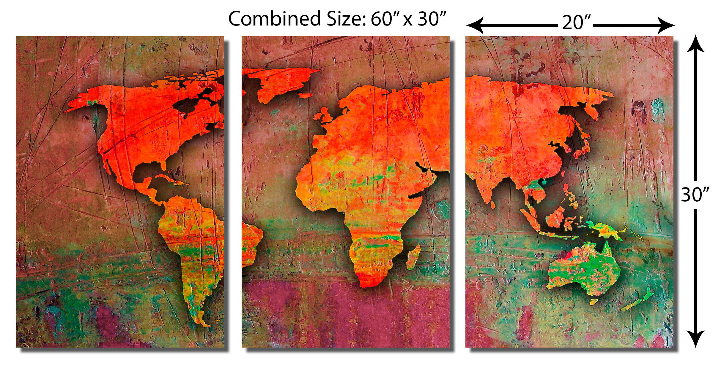 Abstract World Map Metal Print, 3 Panel Split, Triptych Wall Art, 60x30 ...