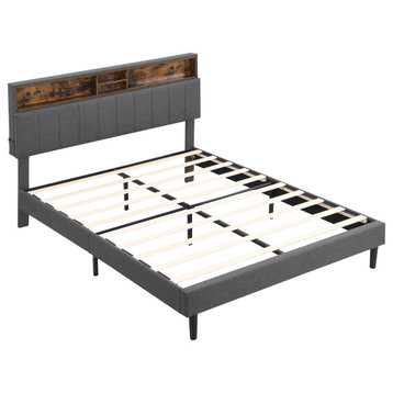 TATEUS Upholstered Platform Bed With Storage Headboard and USB Port, Gray, Queen