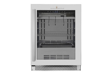 Example of a small urban galley kitchen pantry design in Sacramento with glass-front cabinets, stainless steel cabinets, stainless steel countertops, stainless steel appliances and an island