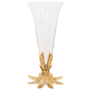 Glass Vase on Gold Flower Base, 7.5"x6.75"x15.25"