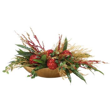 Holiday Red and Gold Centerpiece in A Low Oval Scalloped Gold Vase