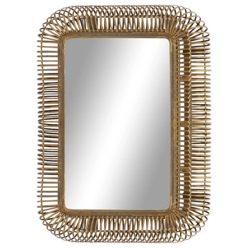 Farmhouse Wall Mirror, Red Pine Frame With Spiral Like Patterned Rattan Accent