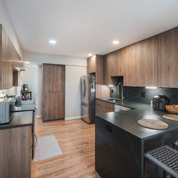 Modern Kitchen Remodel with Flat-Surface Wood-Look Cabinets