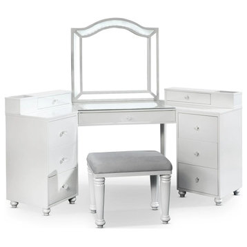 Transitional Vanity Set, Unique Mirrored Design With Camelback Mirror, White
