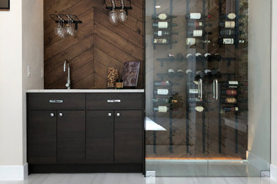 Wet bar - modern porcelain tile and white floor wet bar idea in Other with an undermount sink, flat-panel cabinets, dark wood cabinets, quartz countertops, wood backsplash and white countertops