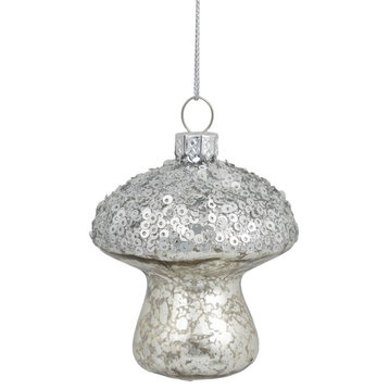 3.5" Sequined Silver Mushroom Glass Christmas Ornament