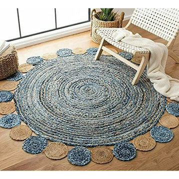 Indoor Outdoor Area Rug, Round Design With Surrounding Circle Accents, Denim, 7'