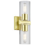 Livex Lighting - Clarion 2 Light Satin Brass Vanity Sconce - The clarion transitional two light vanity sconce will bring posh sophistication to your decor. The backplate and clear cylinder glass give this satin brass finish a sleek, contemporary look.