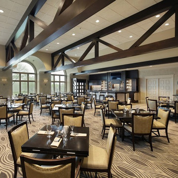 Dining Room with Geometric Carpeting, Ceiling Beamed Ceiling