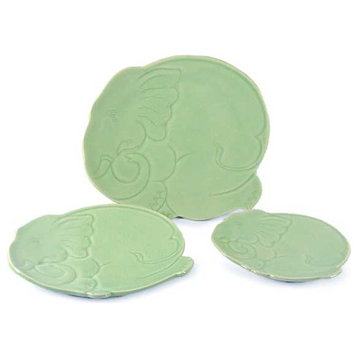 Handmade Green Elephants  Celadon ceramic plates (set of 3) - Thailand