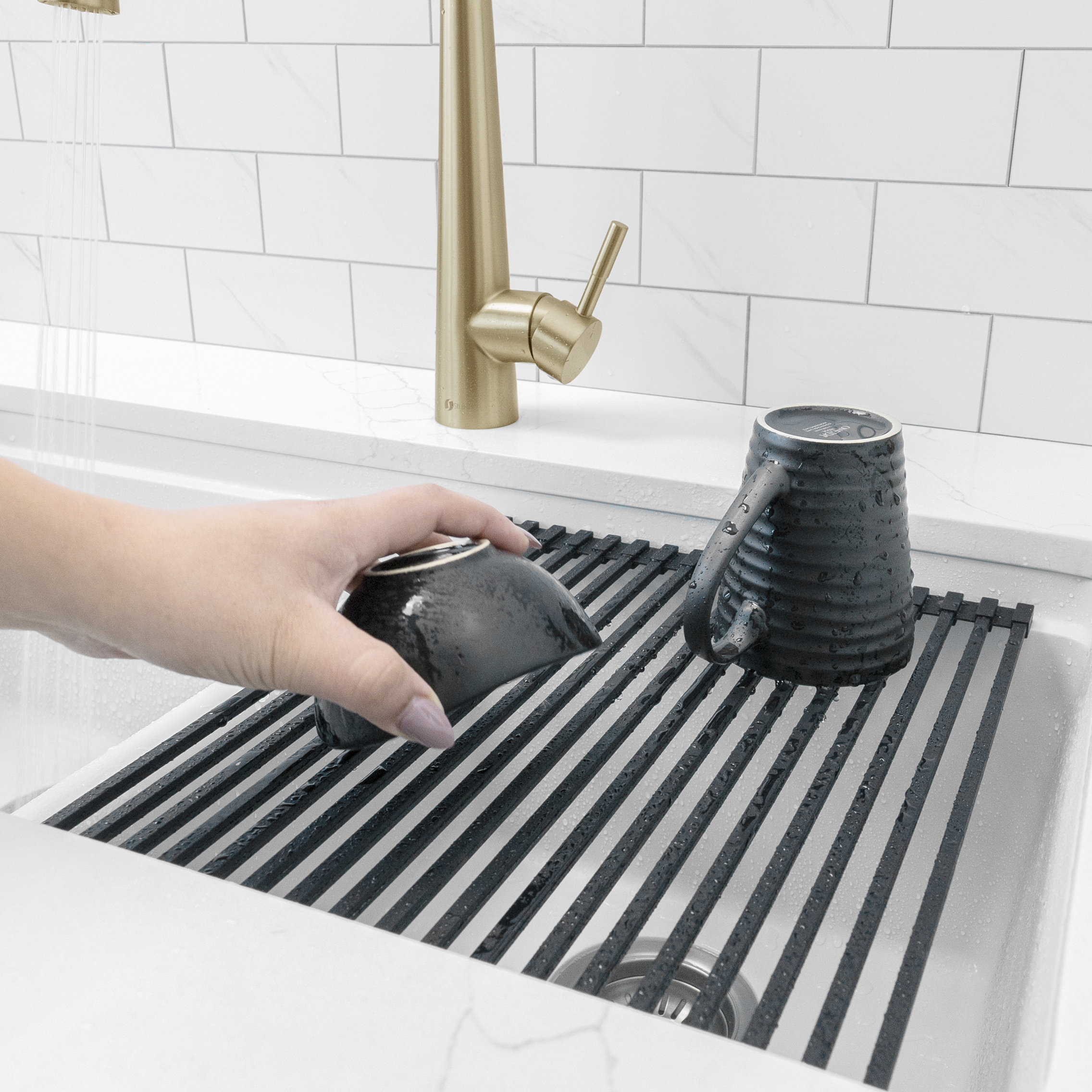 STYLISH 15 1/4" Black Workstation Sink Roll-up Drying Rack/Trivet